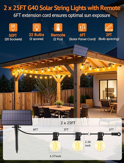 50FT(2x25FT) Solar String Lights Outdoor with Remote, Waterproof Dimmable 3 Modes Patio Lights with 20+2 LED G40 Bulbs for Cafe Bistro-Black