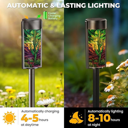 8 Pack Solar Pathway Lights Outdoor Waterproof Stained Glass Window Cactus Desert Sunset Western Border Solar Garden Lights LED Landscape Lighting for Yard Walkway Lawn Garden Decor