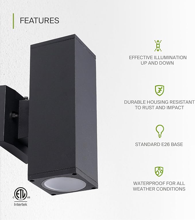 ASD 2 Light Square Dusk to Dawn Outdoor Wall Light Fixture | 120W E26 Bulb Socket 120V ETL Cylinder Up Down Lights | Lumora