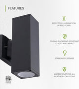 ASD 2 Light Square Dusk to Dawn Outdoor Wall Light Fixture | 120W E26 Bulb Socket 120V ETL Cylinder Up Down Lights | Lumora