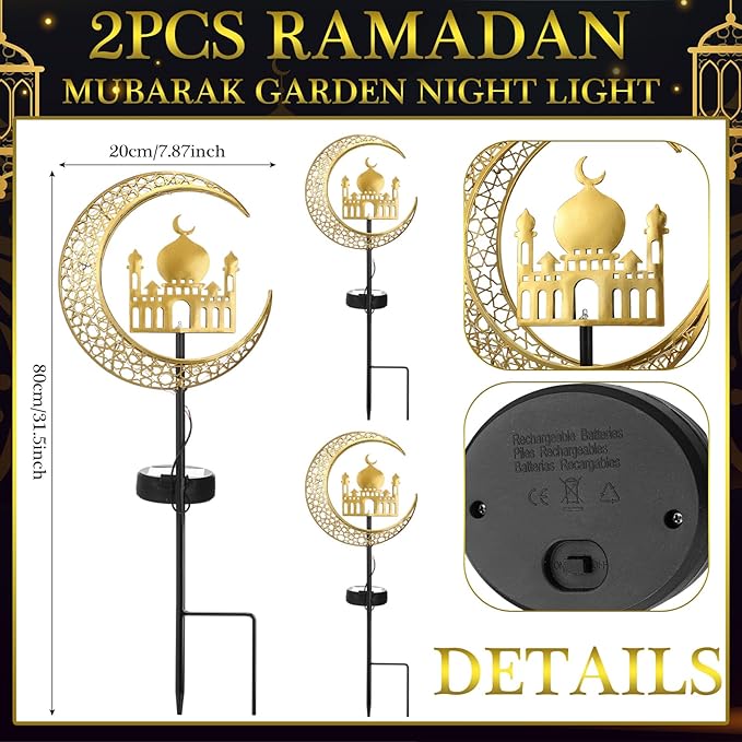 2 Pcs Ramadan Solar Lights Ramadan Decorations Outdoor Mubarak Star Moon Solar Stakes Lights Waterproof for Eid Decorations Outdoor Garden Walkway Lawn Patio Yard(Muslim)