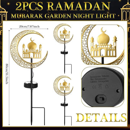 2 Pcs Ramadan Solar Lights Ramadan Decorations Outdoor Mubarak Star Moon Solar Stakes Lights Waterproof for Eid Decorations Outdoor Garden Walkway Lawn Patio Yard(Muslim)