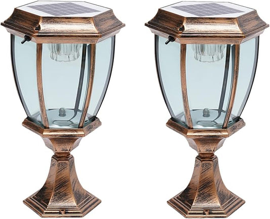 LYNICESHOP 2 Pack Large Aluminum Solar Lamps,Solar Pillar Lights Outdoor Bronze Waterproof LED Landscape Light Copper Fence Post Lantern for Brick Fence Deck or Patio (Bronze)