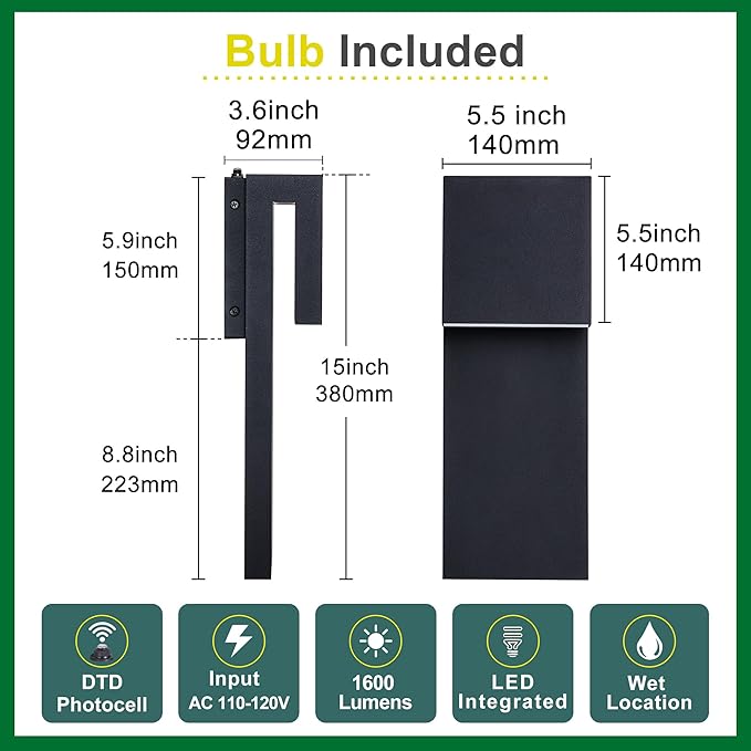 Dusk to Dawn Outdoor Wall Lights 2 Packs,Modern Minimalist Outdoor Fixture Wall Mount,Anti-Rust Sturdy & Sleek Outside Lights for House Porch Garage Patio,3000K 17W Integrated LED