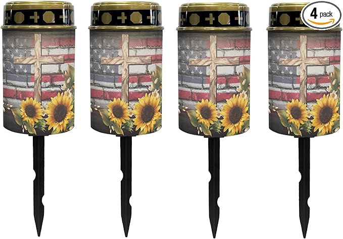 US Flag-Cross-Sunflower Solar Garden Lights Outdoor LED Lantern Pathway Stake Lights Solar Waterproof Solar-Powered Fairy Lights for Outside Landscape Lighting,Wall Light Auto On/Off