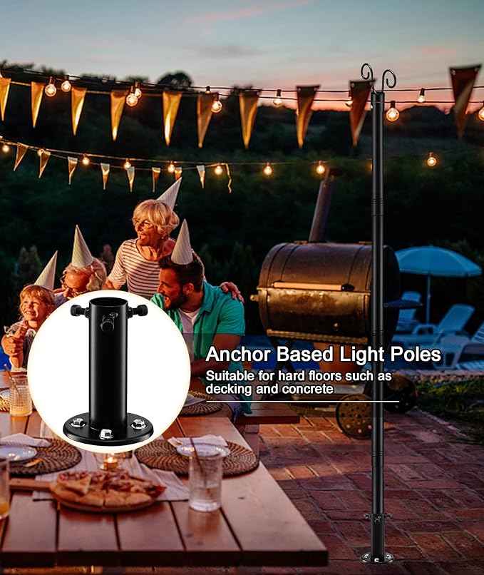 12FT String Light Poles - 2 Pack Deck Light Poles for Outside String Lights Heavy Duty with Anchor Based and | Lumora