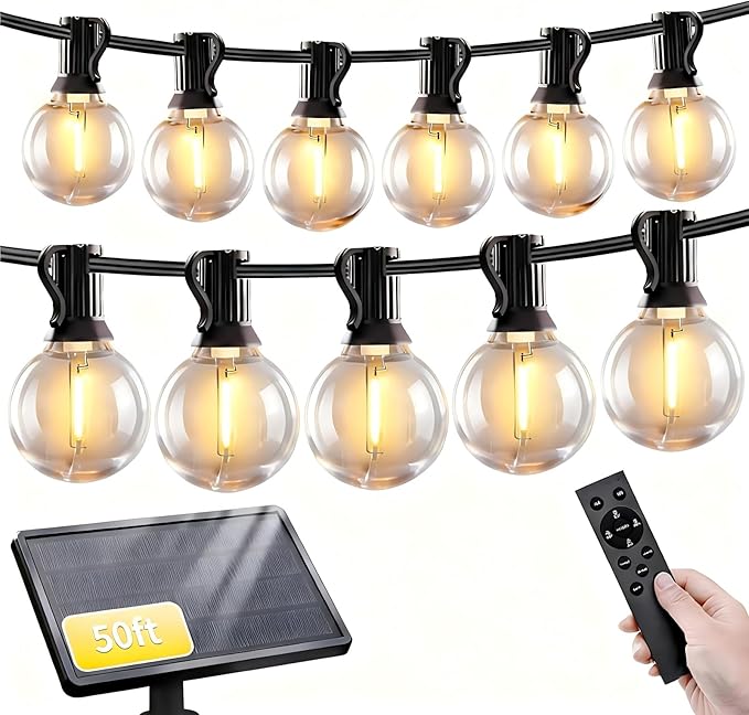 Solar String Lights Outdoor with Remote, 50ft 25 Bulbs Solar Powered Patio Lights Waterproof, Dimmable & Timer, G40 LED Solar Lights for Camping Deck Backyard Garden Fence