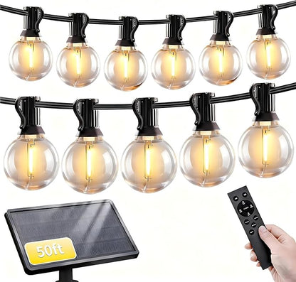 Solar String Lights Outdoor with Remote, 50ft 25 Bulbs Solar Powered Patio Lights Waterproof, Dimmable & Timer, G40 LED Solar Lights for Camping Deck Backyard Garden Fence