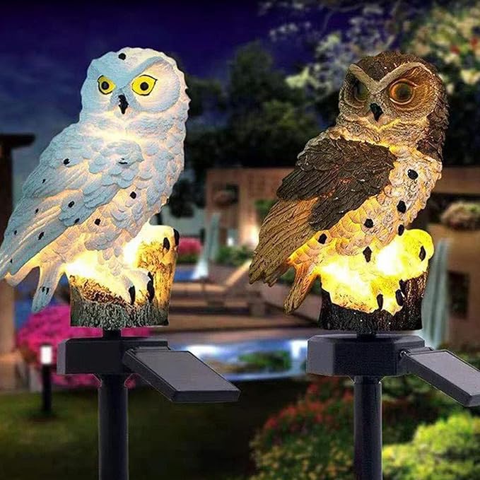 Solar Owl Lamp | Decorative Resin Animal Figure, with Solar Lawn Lights Including Stake – For Garden, Lawn, Ground, Landscape, Path, Park and Yard
