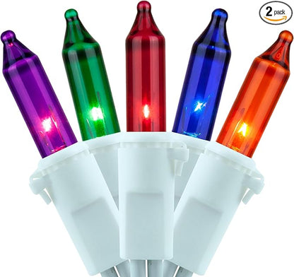 YULETIME 200 Multicolor Christmas Lights, Pack of 2 Sets 33 Feet 100 Count UL Certified Incandescent String Lights (Multicolor - White Wire)