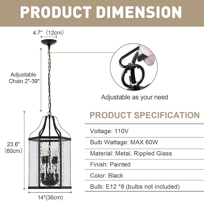 14" Modern 8-Light Exterior Black Lantern Pendant Light Fixture with Clear Rippled Glass Mini Industrial Hanging | Lumora