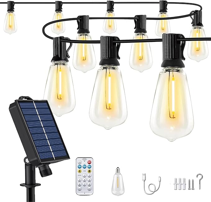 50FT Solar String Lights Outdoor Waterproof with Remote and 26 Shatterproof Edison Bulbs (1 Spare), USB Charging Solar Powered Patio LED Lights String for Outside, Garden, Backyard, Porch (Warm White)