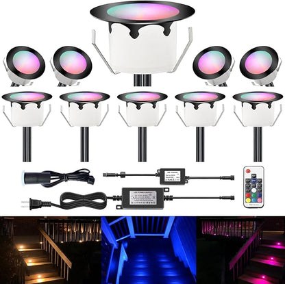 LED Outdoor Deck Lights with Photocell, Φ1.77in RGB 10 Pack Black, Low Voltage 12V IP67 Waterproof, Multi Color Changing Remote Dimmable, Electric Wired Recessed Stair Step Landscape Lighting