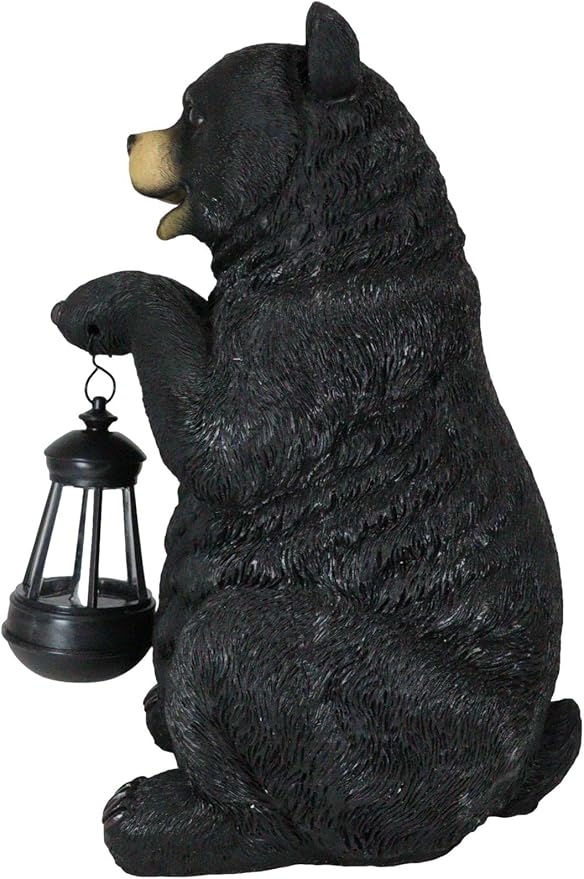 Ebros Gift Rustic Garden Decorative Adorable Forest Black Bear Holding Lantern Greeter Statue Figurine Solar LED Lantern Path Light for Indoor Outdoor Home Bears Wild Animals Sculpture