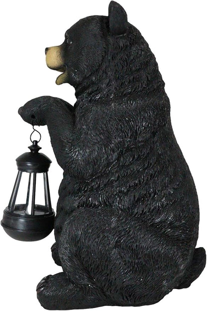 Ebros Gift Rustic Garden Decorative Adorable Forest Black Bear Holding Lantern Greeter Statue Figurine Solar LED Lantern Path Light for Indoor Outdoor Home Bears Wild Animals Sculpture