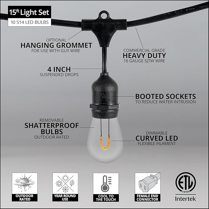 15' FlexFilament LED S14 Edison Bulb Heavy Duty Shatterproof Patio Lights, Suspended - Outdoor String Light | Lumora
