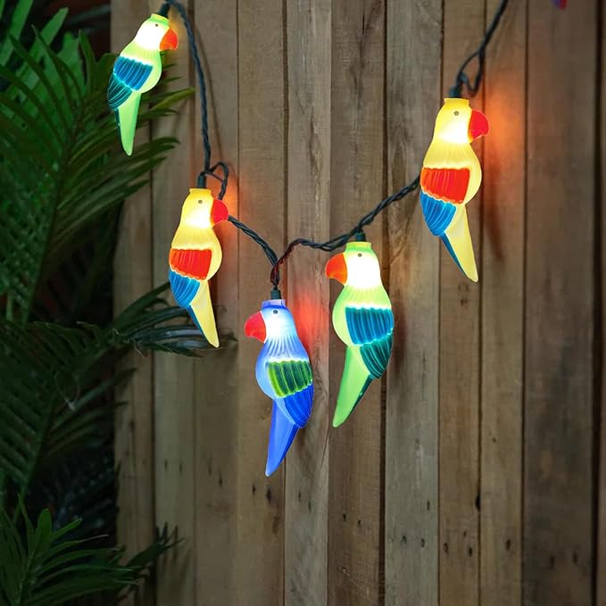 Outdoor Parrot String Lights, 8.5Ft Tropical Themed LED Patio String Lights with 10 Multicolor Birds Lights, Hanging Novelty Garden Lights for Outdoor Patio Deck Backyard Trees Stair Rails Decoration