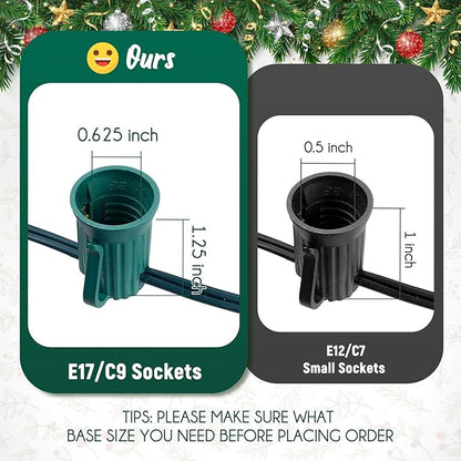 C9 Light Strand, 2 Pack 100 FT Outdoor String Lights Christmas Stringer with 100 Sockets for Christmas Decor Patio, E17 Light Socket, 12 Spacing, Green Wire