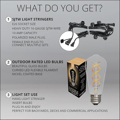 Wintergreen Lighting 15' FlexFilament LED ST64 Edison Patio Lights, Commercial Grade LED Patio Lights, 10 LED Filament Bulbs, 18" Spacing Outdoor Patio Lights