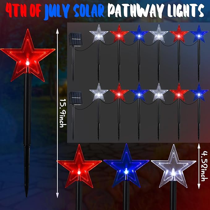 VIHOSE 12 Pcs 4th of July Star Stake Light LED Red White Blue Pathway Lights Markers Solar Waterproof Outdoor Lighted Decorations Independence Day Patriotic Decorations for Garden Yard Lawn
