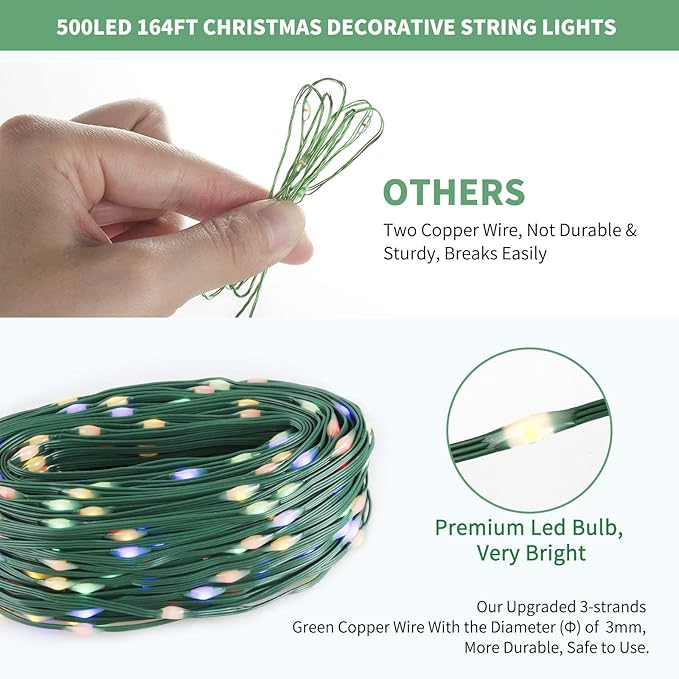 Tcamp 164FT 500 LED Christmas Lights Outdoor, 8 Modes Christmas Tree Lights with Timer Memory Function, Green Wire Fairy String Light for Xmas Holiday Party Bedroom Indoor Decor (Colored)