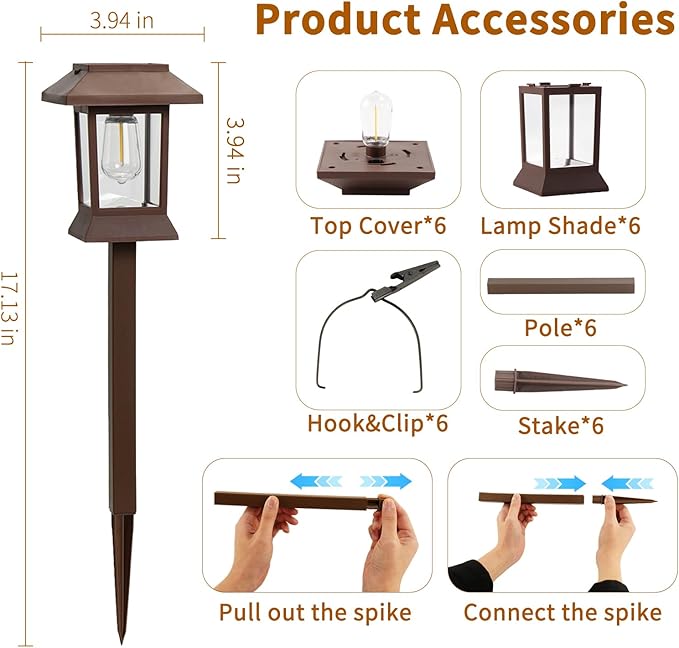 6Pack Solar Pathway Lights Outdoor Waterproof IP65, Brown Solar Lights Outdoor with Hook Upgraded 1000mAH Battery | Lumora