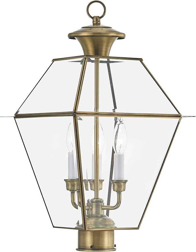 Livex Lighting Lantern 2384-01 Westover 3-Light Outdoor Post Head, Antique Brass | Lumora