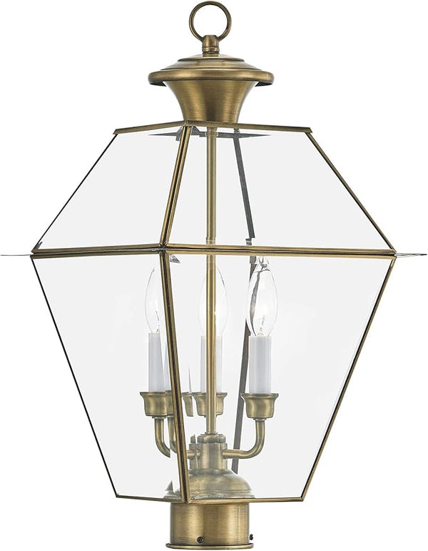 Livex Lighting Lantern 2384-01 Westover 3-Light Outdoor Post Head, Antique Brass | Lumora