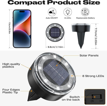 Mini Outdoor Solar Lights，4 Pqck Solar Garden Lights for Outside IP65 Waterproof, 8 LED Disc Landscape Lighting for Garden Yard Driveway Walkway Poolside Deck Lawn Patio,Cold White