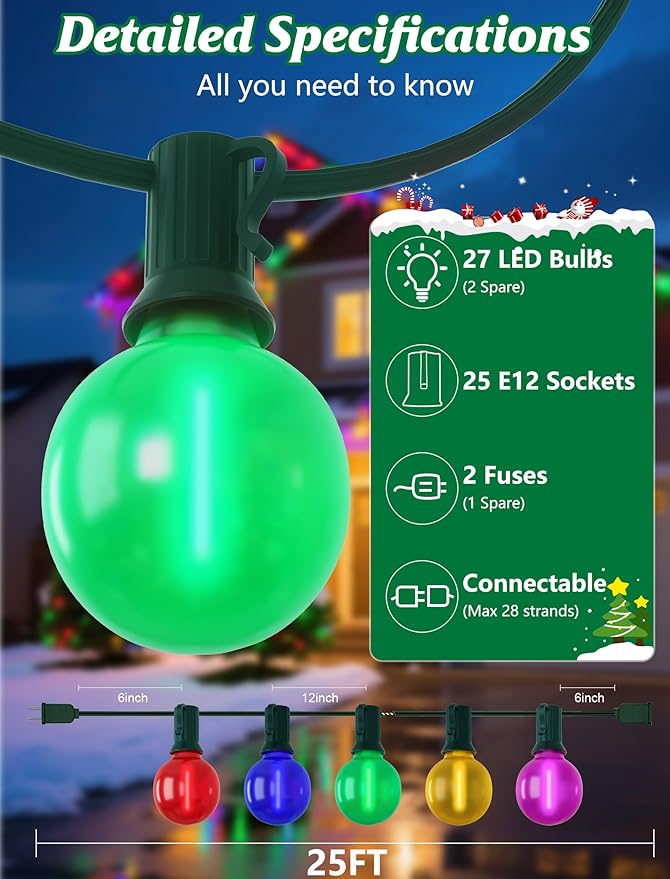 SUNSGNE 25FT LED Colored Christmas Lights with 25 G40 LED Shatterproof Frosted Multicolor Globe Bulbs, Waterproof | Lumora