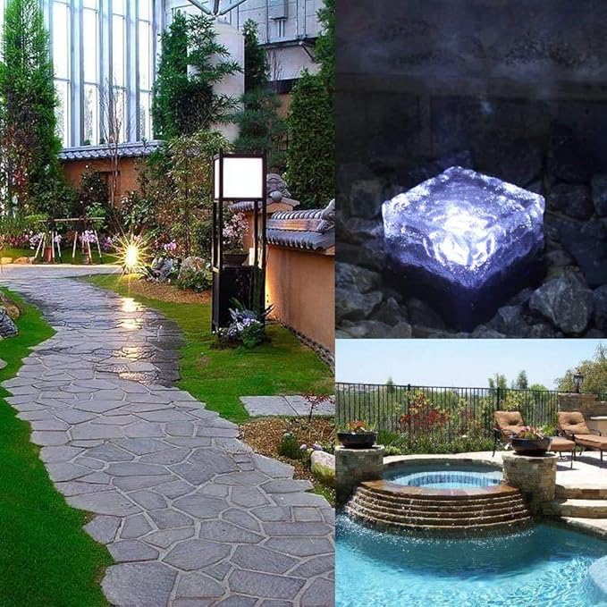 Solar Ice Cube Lights - Solar Brick Light LED Landscape Light Crystal Brick Light Outdoor Path Lights Waterproof for Outdoor Garden Patio Yard Lawn Pool Decoration (White, 4pcs)