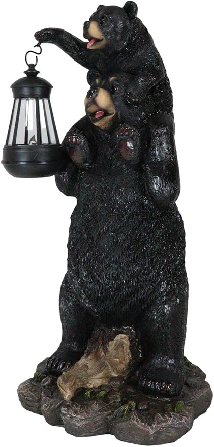 Ebros Rustic Black Bear Family Statue 18.75" Tall with Solar LED Lantern Light - Realistic Wildlife Decor