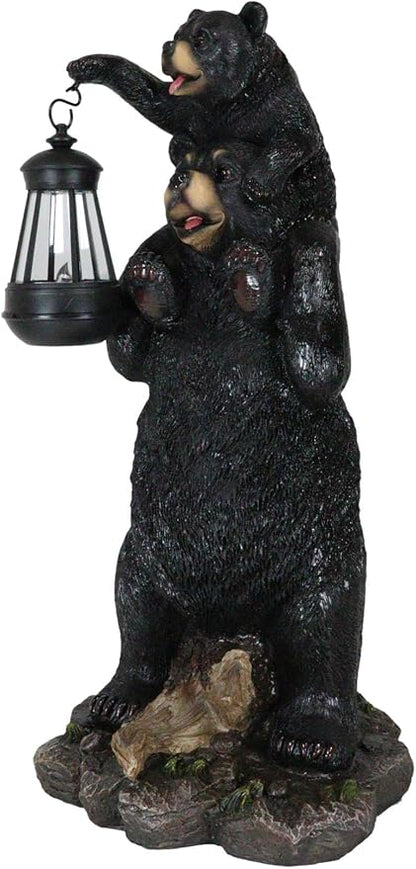 Ebros Rustic Black Bear Family Statue 18.75" Tall with Solar LED Lantern Light - Realistic Wildlife Decor