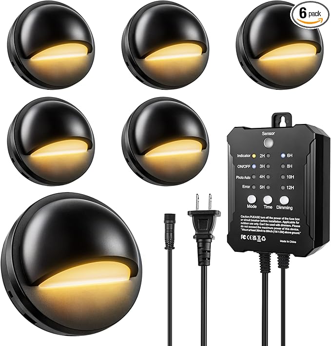 Low Voltage LED Deck Lights Kit with Transformer Timer and Photocell Sensor, IP67 Waterproof Low Voltage Landscape Lighting, Step Lights for Outdoor Walkway Stair Post Railing (6 Pack)