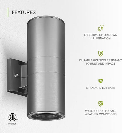 ASD 2 Light Outdoor Wall Light Fixture | 120W E26 Socket 120V ETL Cylinder Up Down Lights | LED/CFL/Incandescent Bulb Exterior Wall Sconce | Front Door, Porch, Patio Lighting | Stainless Steel