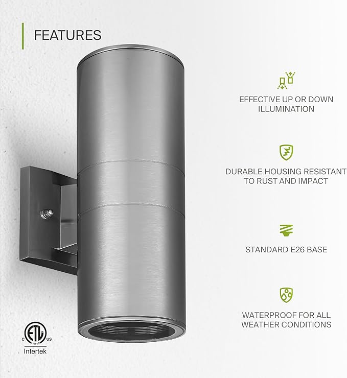 ASD 2 Light Outdoor Wall Light Fixture | 120W E26 Socket 120V ETL Cylinder Up Down Lights | LED/CFL/Incandescent | Lumora