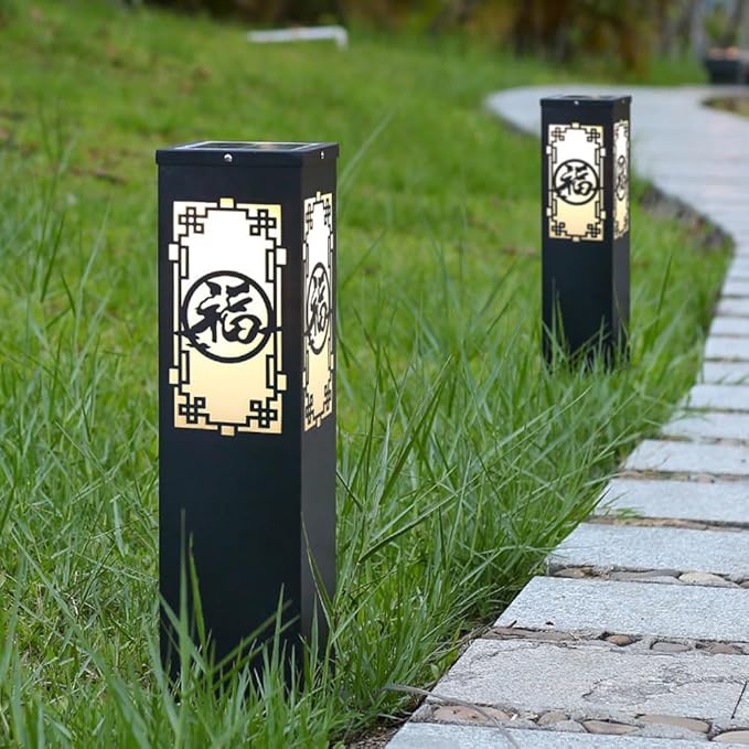 Solar Landscape Lighting Outdoor Solar Pathway Lights with IP65 Waterproof Stainless Steel Path Lamp Chinese Style Glass Solar Bollard Lantern for Courtyard Balcony Driveway Garden