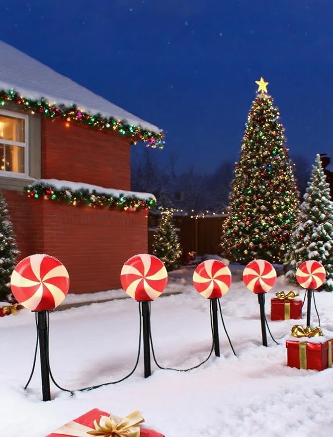 Set of 5 Peppermint Christmas Pathway Lights, Enchanting Outdoor Candy Cane Decorations for Yard, Bright C7 LED | Lumora