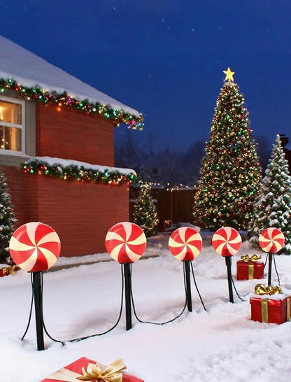Set of 5 Peppermint Christmas Pathway Lights, Enchanting Outdoor Candy Cane Decorations for Yard, Bright C7 LED Holiday Walkway Light Stakes for a Magical Winter Wonderland Welcome