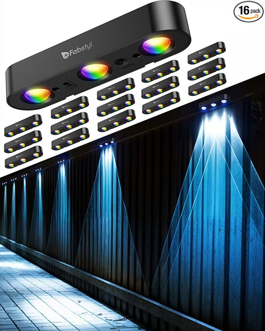 Solar Outdoor Fence Lights Solar Powered, 60LM RGB Outdoor Solar Lights with Sync Group Control & 10 Light Modes, Solar Lights Outdoor Waterproof IP65 for Outside Porch, Wall, Deck (16 Pack)