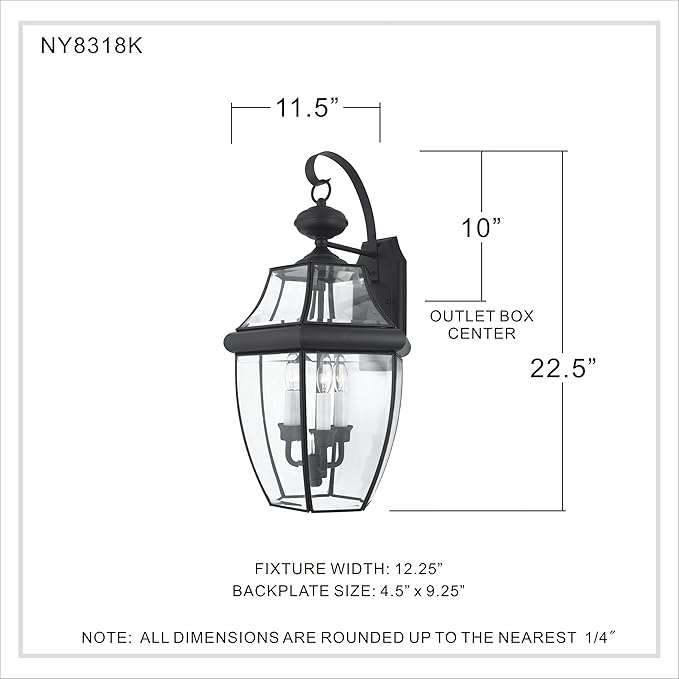 Quoizel Newbury Outdoor Wall Lantern, 23 Inch 3-Light Mystic Black Wall Sconce, French Country Exterior Wall Lantern Fixture, E12 Base, Clear Glass, Outside Lights for Patio, Porch, Garage or Yard