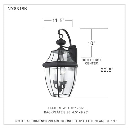 Quoizel Newbury Outdoor Wall Lantern, 23 Inch 3-Light Mystic Black Wall Sconce, French Country Exterior Wall Lantern Fixture, E12 Base, Clear Glass, Outside Lights for Patio, Porch, Garage or Yard