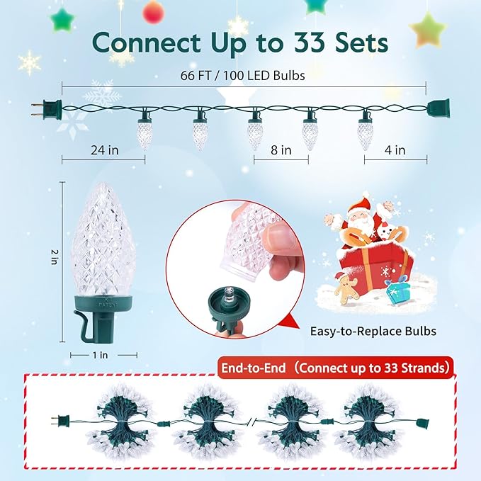 Brightown C9 Christmas String Lights White, 66ft 100 LED Faceted Christmas Lights on Green Wire, Large Bulb Strawberry String Lights for House Roof Roofline Christmas Tree Party Outdoor