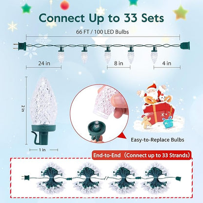 Brightown C9 Christmas String Lights White, 66ft 100 LED Faceted Christmas Lights on Green Wire, Large Bulb Strawberry String Lights for House Roof Roofline Christmas Tree Party Outdoor