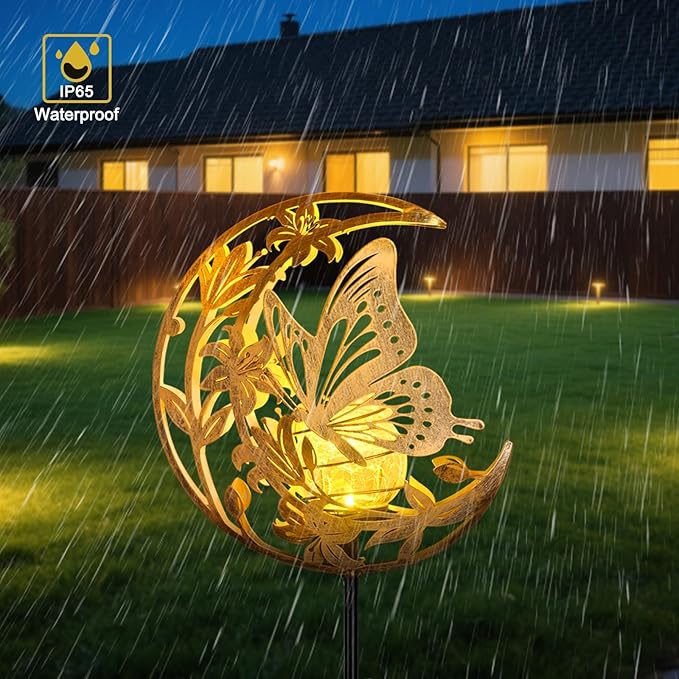 Butterfly Solar Lights Moon Garden Decor, Butterfly Gift for Women, Cracked Glass Ball Solar Lights, Unique Gift Ideas for Gardening Mom Grandma, Outdoor Decorations Patio Yard Lawn Backyard Decor