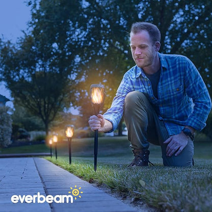 Everbeam P2 Solar Flickering Flame Torch Light - Automatic IP65 Waterproof Solar Tiki Lights with A Stunning Realistic Flame & Distinctive Lampshade - Quick No Tool Installation - 1 Pack