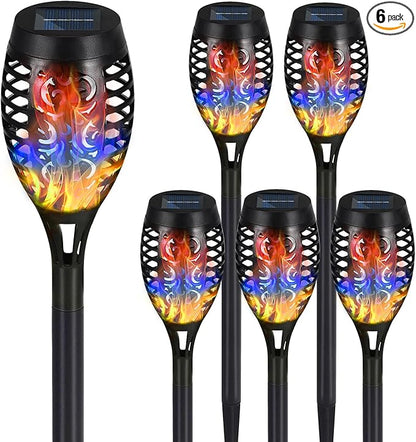 Solar Torch Lights, 6 Pack with Colorful Flickering Flame, Waterproof Tiki Torches for Outside Pathway Decorations