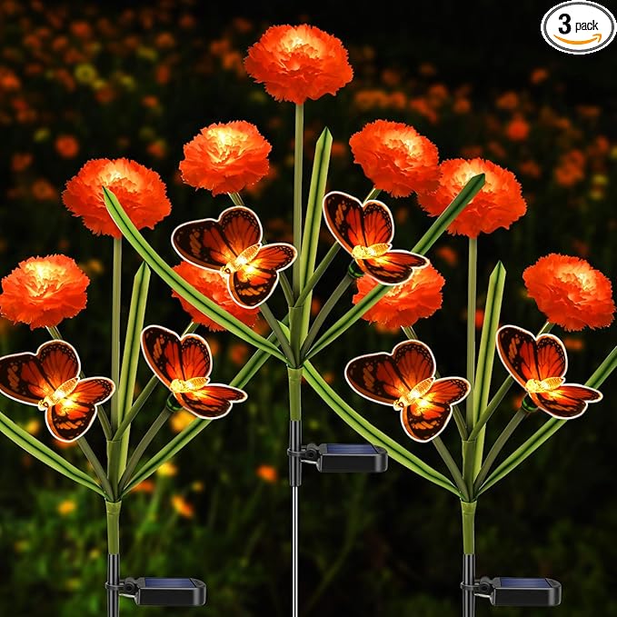 Solar Flowers Outdoor Waterproof, Unique Solar Powered LED Marigold Stake Lights with Monarch Butterflies for | Lumora