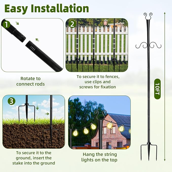 6 Pack Outdoor Patio Light Poles for String Lights, 10Ft Heavy Duty Metal String Light Poles with Shepherds Hooks | Lumora