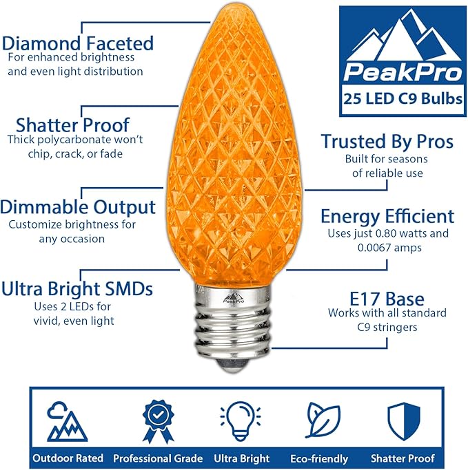 Novelty Lights 25PK C9 LED Faceted Ultra Bright Dimmable Outdoor Christmas Light Replacement Bulbs, String Lights | Lumora